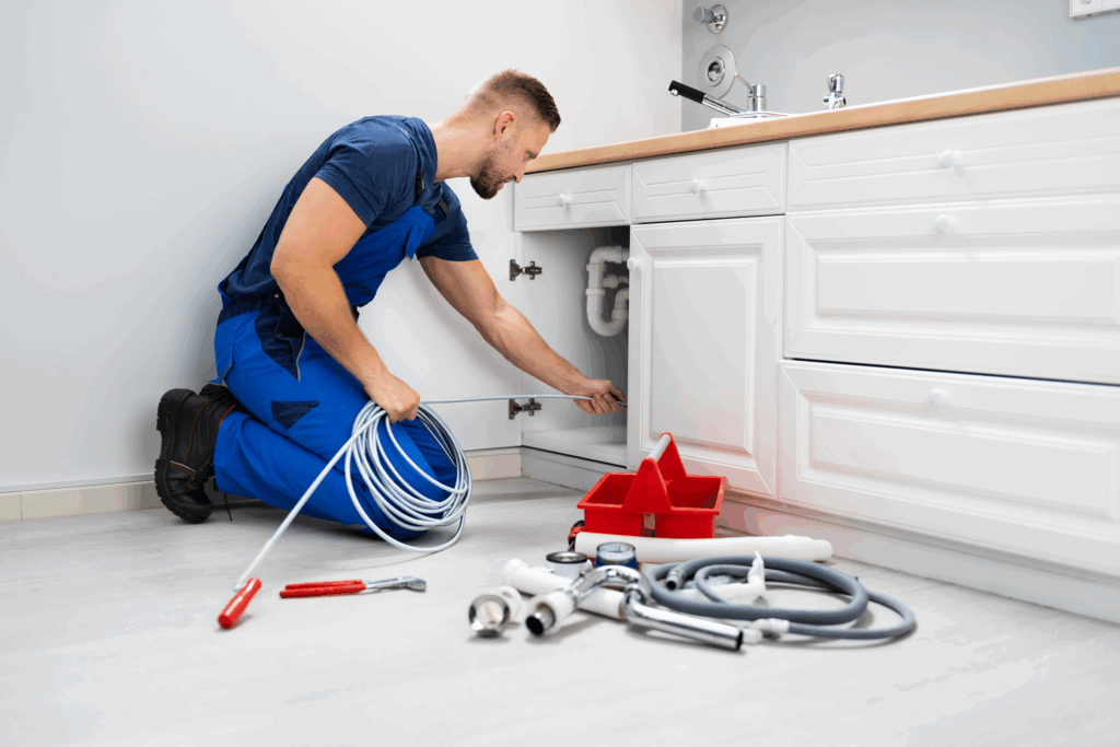 Auf diesem Bild ist ein Handwerker mit einer Rohrreinigungsspirale zu sehen. Dieser reinigt das Rohr unter der Spüle in der Küche.